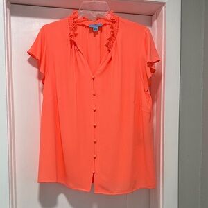 CeCe Vibrant Coral Button-Down Blouse